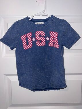 Made by Molly USA Graphic Tee - Blue with Red Check Letters 5T